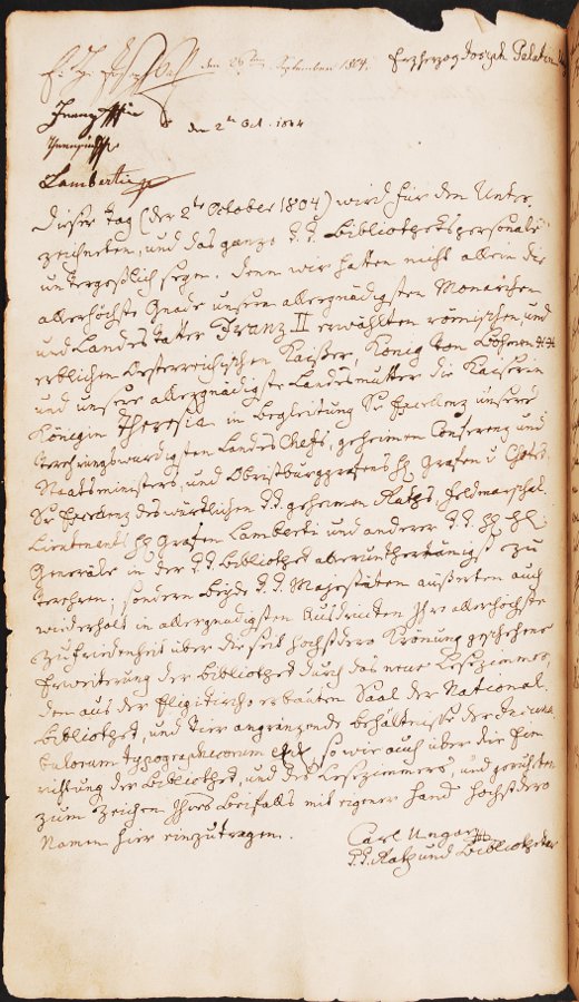 Obr. 2. NK ČR, MS. sign. IX.J.76, fol. 27v, podpisy císaře Františka II. a jeho manželky Terezie s komentářem K. R. Ungara
