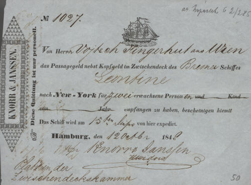 Obr. 3 Lodní lístek V. Náprstka k cestě do Ameriky, 1848