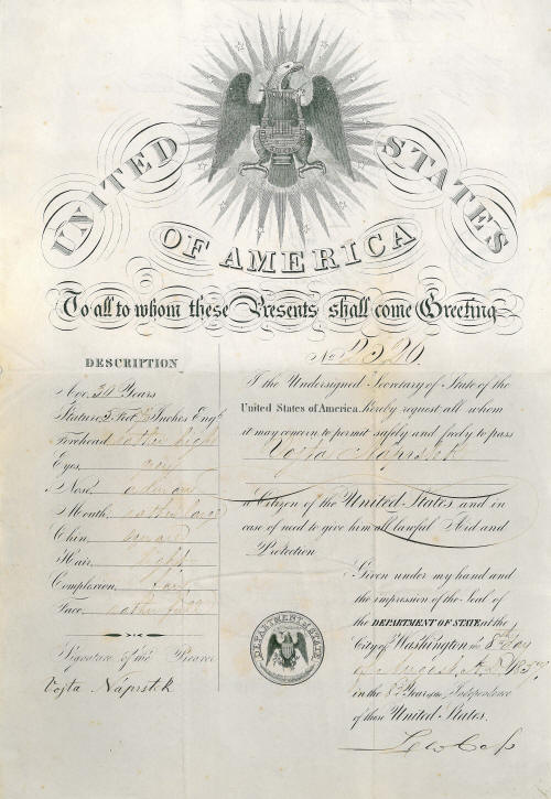 Obr. 4 Americký cestovní pas Vojty Náprstka, 1857