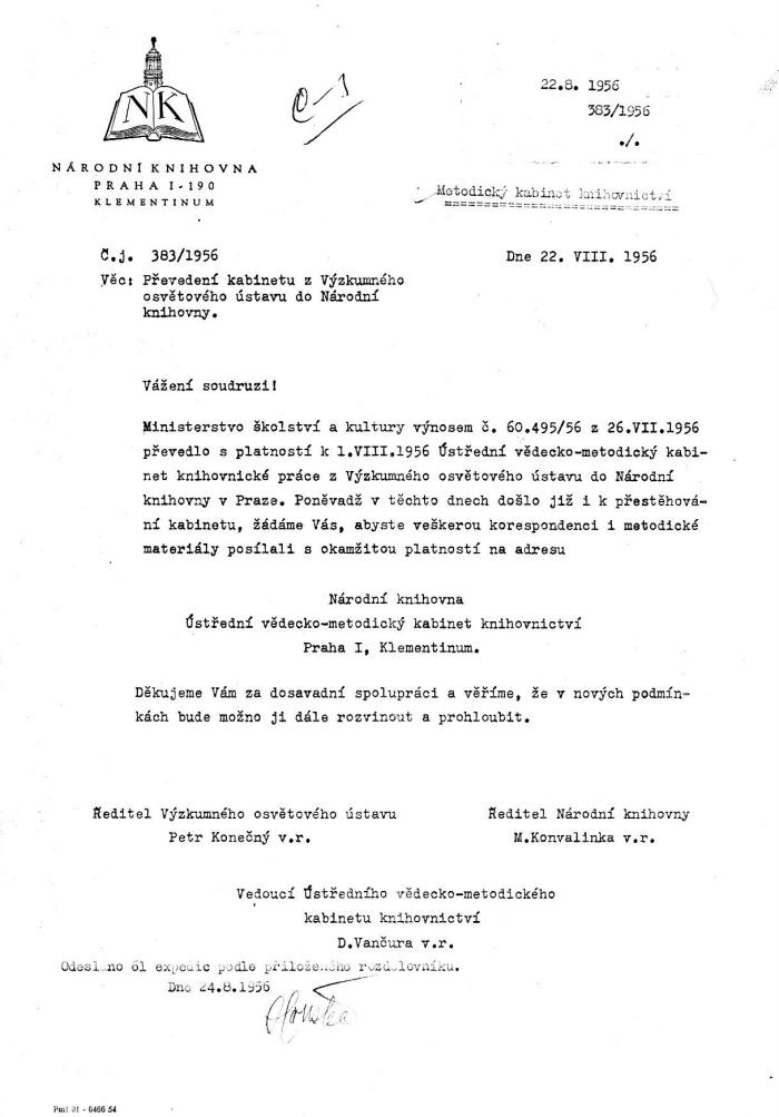 Obr. 1 Rozhodnutí o vytvoření Ústředního vědeckometodického kabinetu knihovnictví – ÚVMKK (zdroj: Archiv NK ČR) 