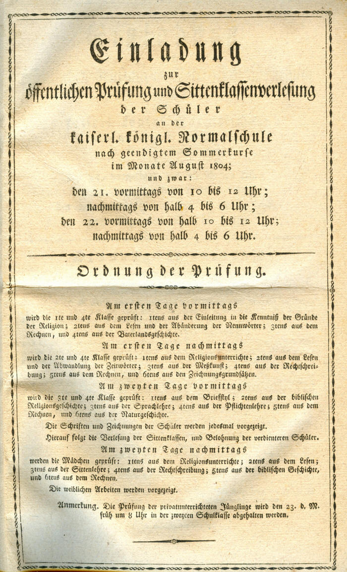 Obr. 1 Pozvánka na závěrečné zkoušky z roku 1804 (K. k. Muster- und Mädchen-Hauptschule) 