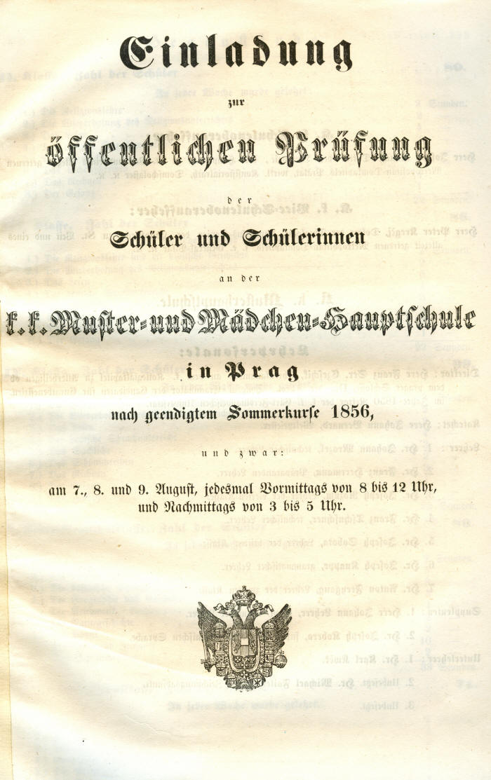 Obr. 2 Pozvánka na závěrečné zkoušky z roku 1856 (K. k. Muster- und Mädchen-Hauptschule) 