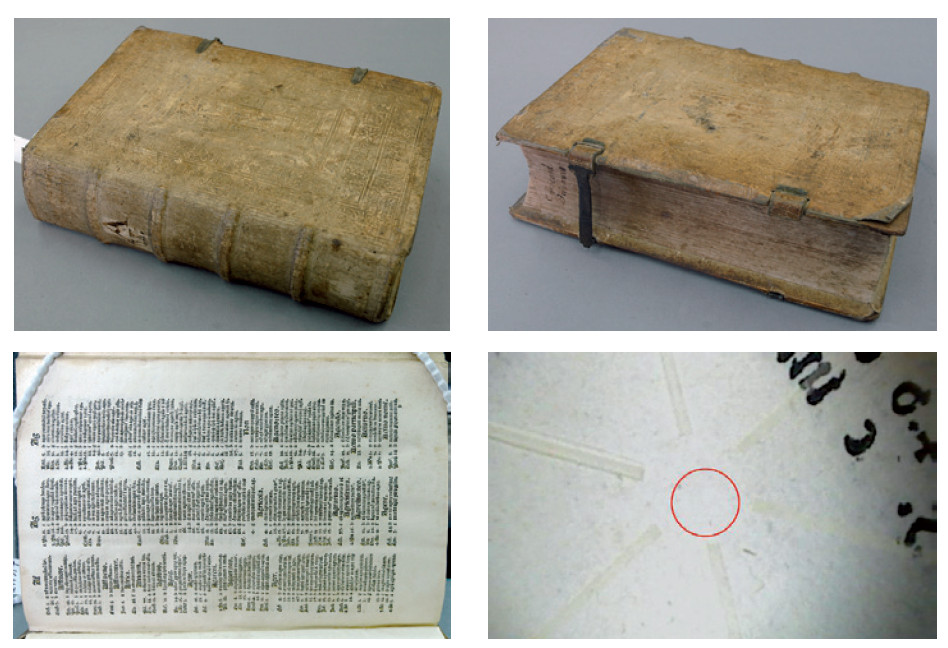 Pict. 2 Identical incunabula ISTC ic00853000 – binding (spine, fore edge) and the examined folio b1a of copy call number 2 N I 14 z from the depository of Zlatá Koruna (photo: authors’ archive)