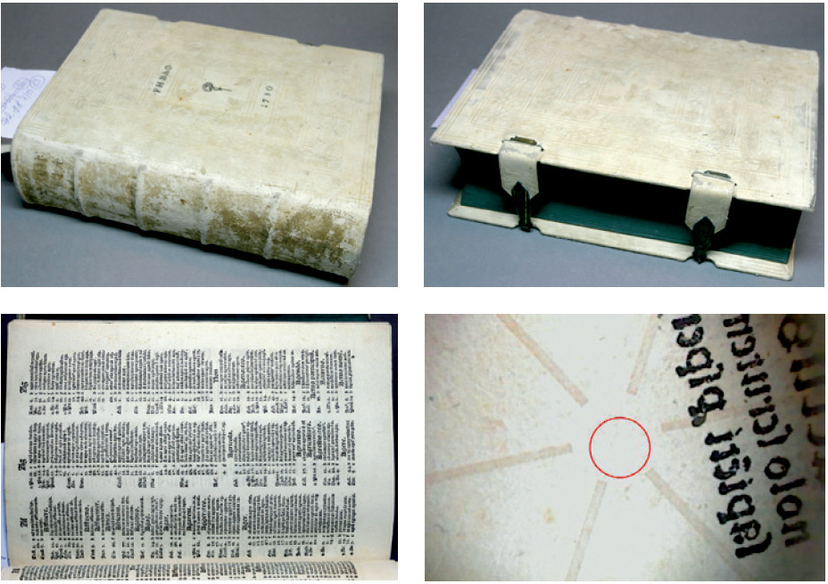 Pict. 3 Identical incunabula ISTC ic00853000 – binding (spine, fore edge) and the examined folio b1a of a copy call number Osek HH 7/11 z from the depository of the Regional Museum of Teplice (photo: authors’ archive)
