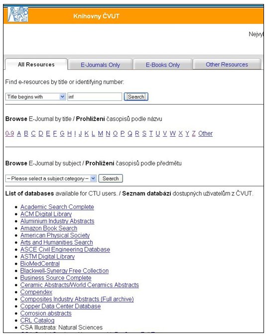 Obr. 13. Rešeršní rozhraní systému E-Journal Portal ČVUT