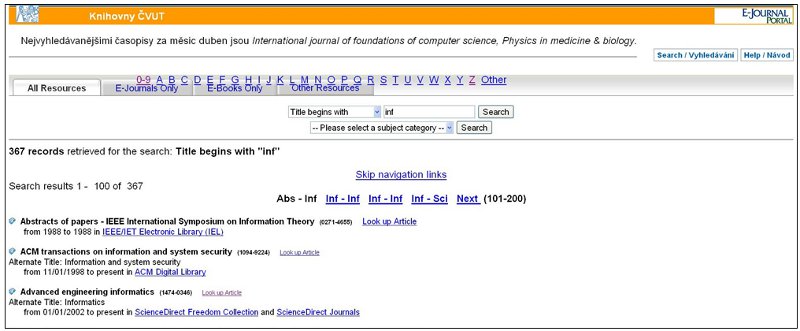 Obr. 14. Seznam vyhledaných záznamů v systému E-Journal Portal ČVUT