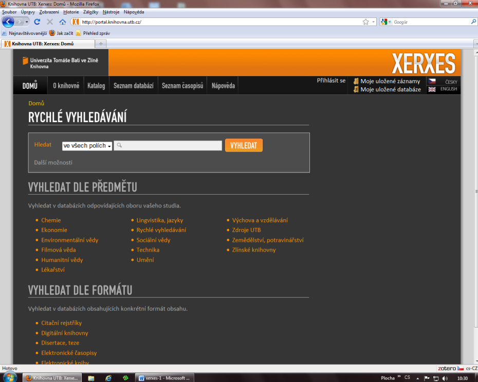 Obr.1. Hlavní stránka portálu Xerxes na UTB ve Zlíně