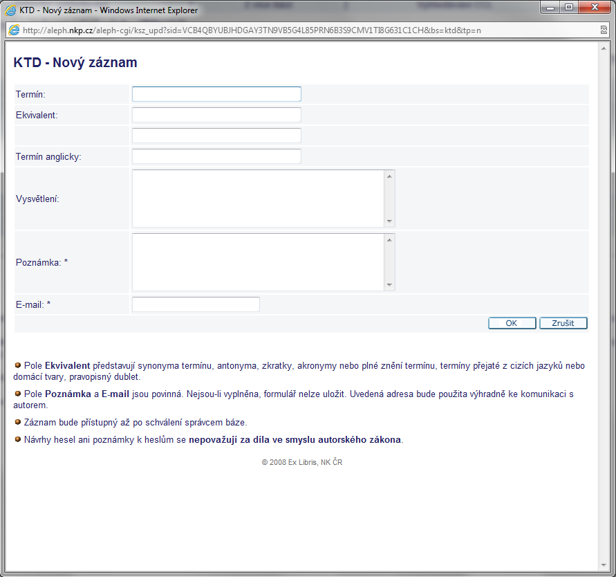 Obr. 3 – Formulář pro zaslání nového hesla ke zpracování (zdroj: WWW stránky databáze TDKIV) 