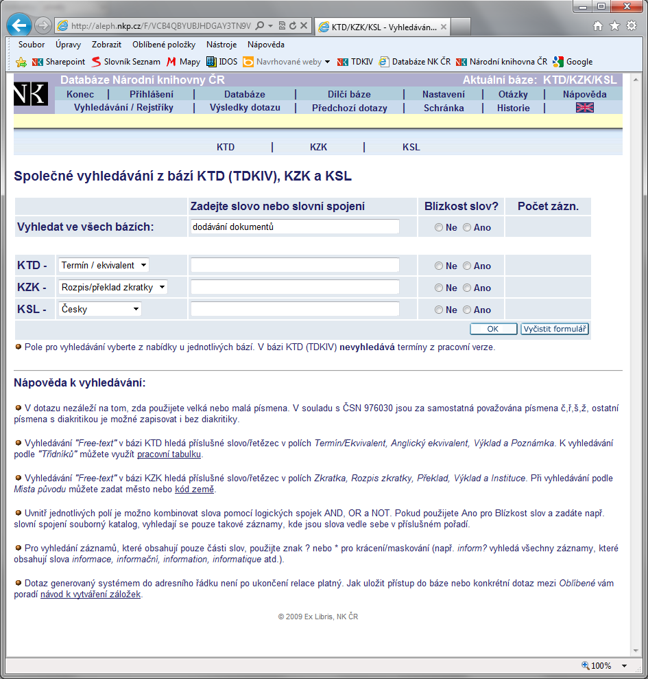 Obr. 6 – Vyhledávání v databázích TDKIV (KTD), KZK a KSL (zdroj: WWW stránky databáze TDKIV) 