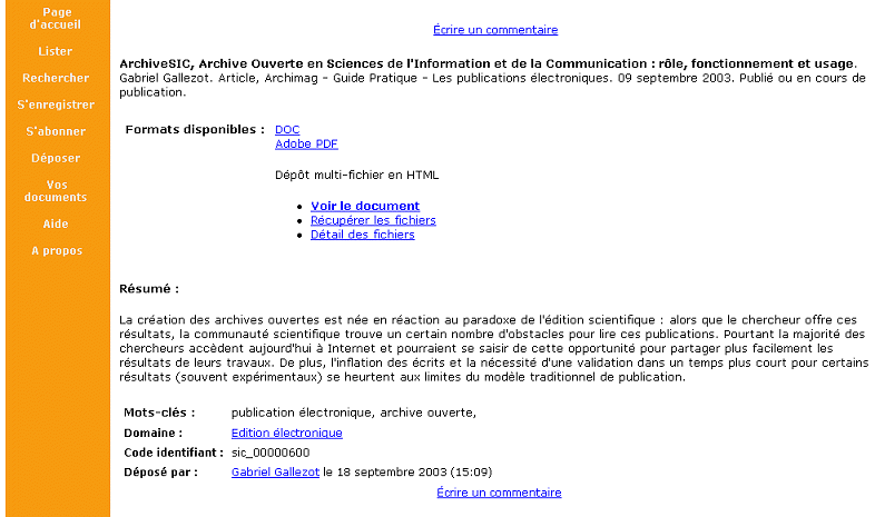 Obr. . 3: vstupn metadatov zznam preprintu pspvku z komern publikace uloenho v bzi archivu @rchiveSIC vetn nabdky k napsn komente [pevzato 2004-01-15] 