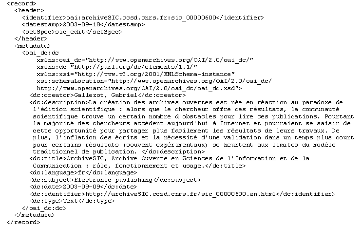 Obr. . 4: zkladn st metadatovho zznamu z archivu @rchiveSIC ve struktue XML exportovanho dle protokolu OAI-PMH pomoc pkazu GetRecord [pevzato 2003-12-19] 