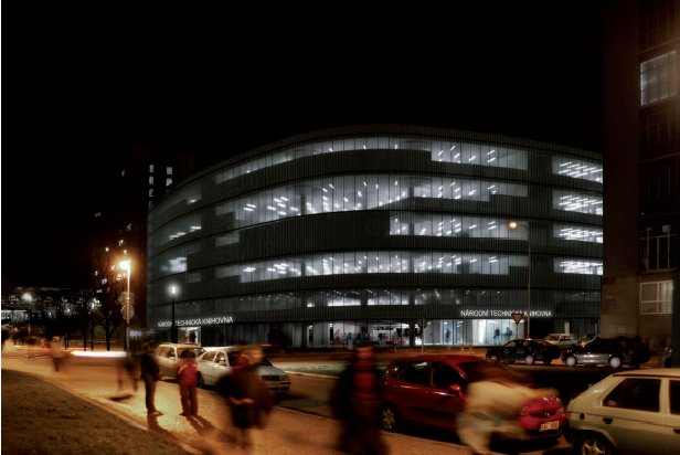 budova Národní technické knihovny v noci 