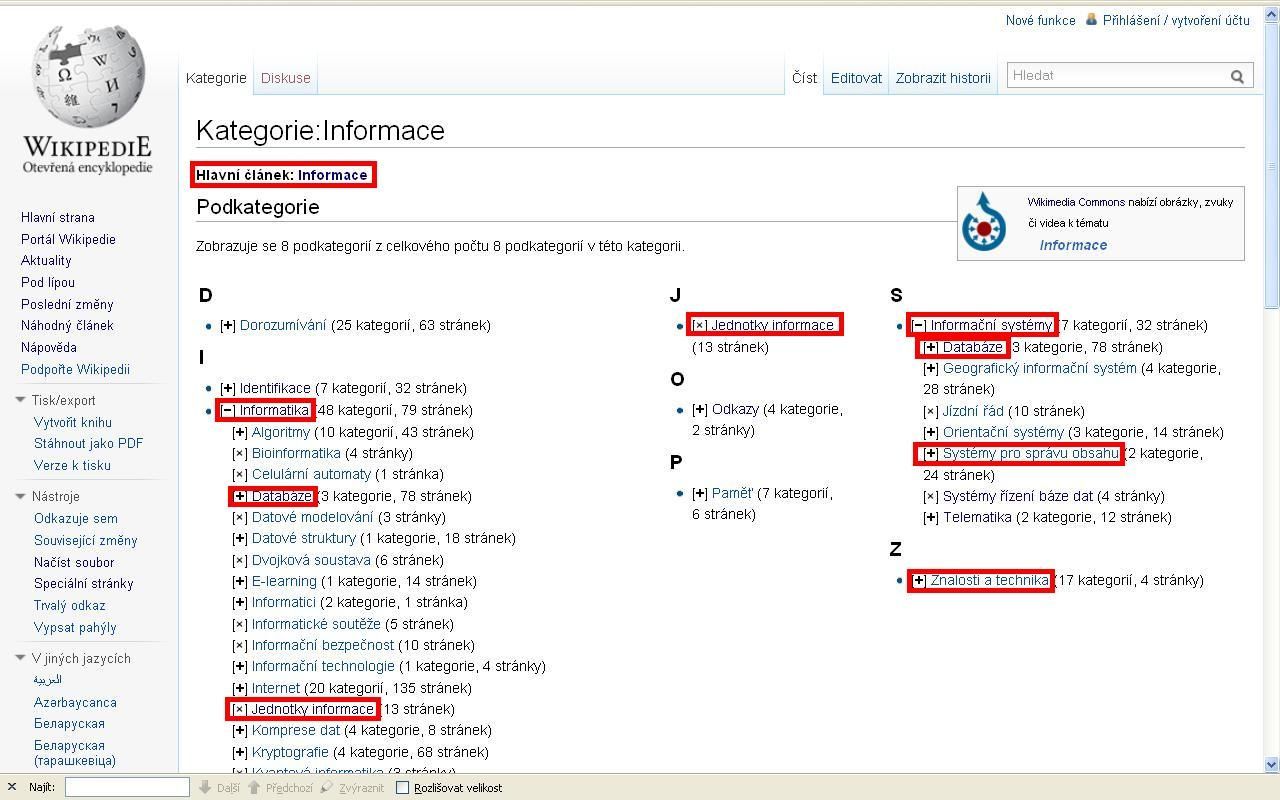 Ukázka kategorizování kategorie "Informace" v české verzi 
