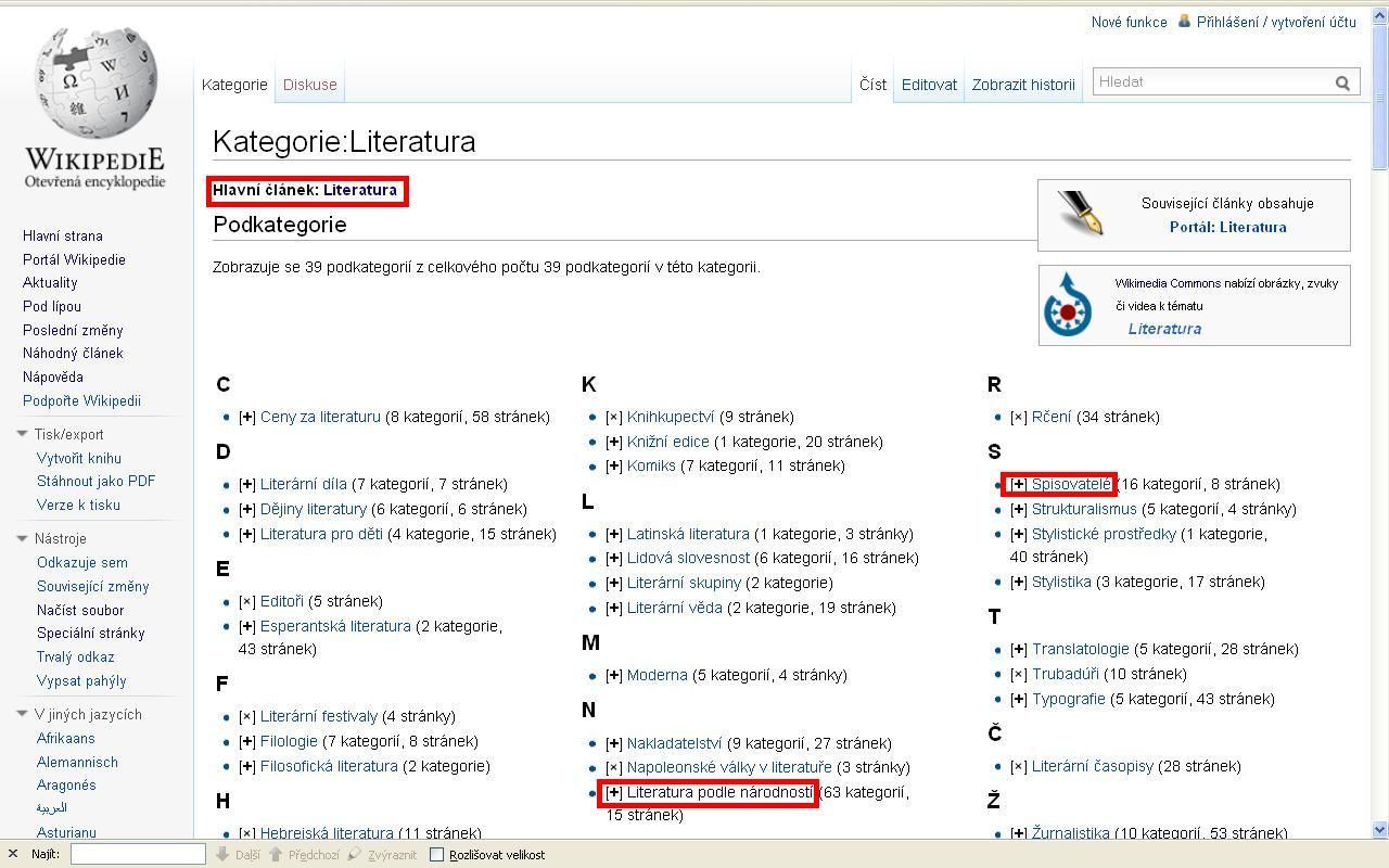 Ukázka kategorizování kategorie "Literatura" v české verzi