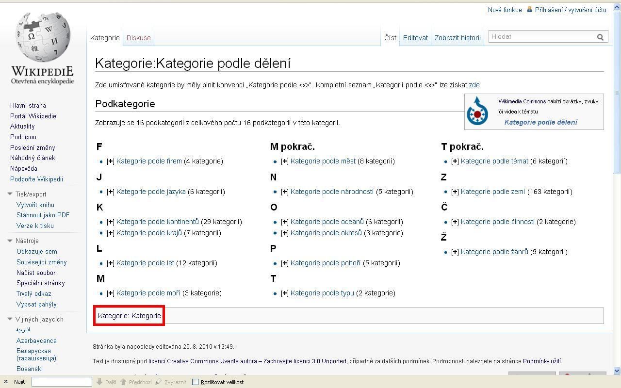 Ukázka kategorizování kategorie "Kategorie podle dělení" v české verzi