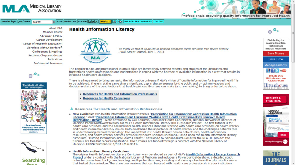 Obr. 2  Stránky MLA zaměřené na informační gramotnost ve zdravotnictví [cit. 2012-03-29, http://www.mlanet.org/resources/healthlit/]