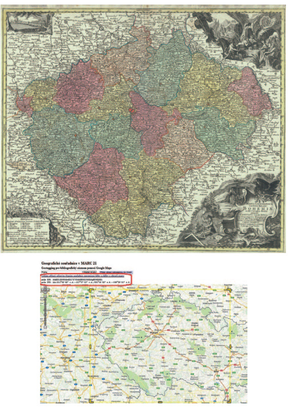 Obr. 2 Práce s GeoMARCem. Nahoře originál mapy, dole rozpětí v bounding boxu se souřadnicemi v MARC21