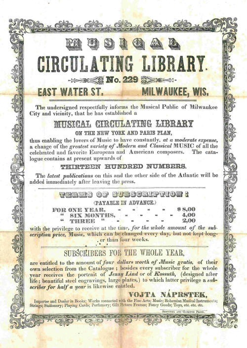 Obr. 5 Reklama půjčovny knih Vojty Náprstka v Milwaukee, 50. léta 19. století