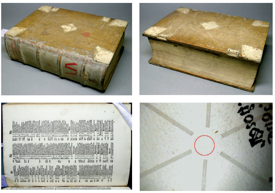 Pict. 1 Identical incunabula ISTC ic00853000 – binding (spine, fore edge) and the examined folio b1a of a copy call number 43 C 9 from Clementinum (photo: authors’ archive)