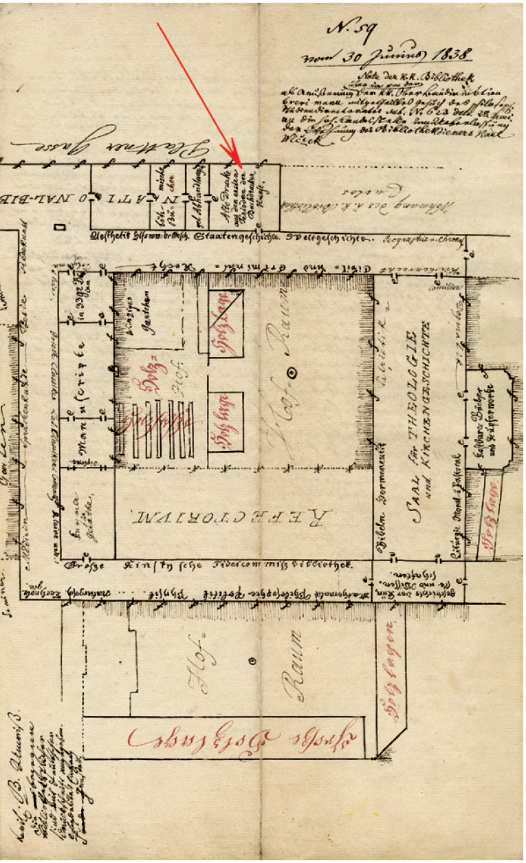 Pict. 8 An 1883 hand-drawn plan of the area of the so-called Maintenance Courtyard in Clementinum of the Imperial Public and University Library with marked location of the depository of the incunabula collection (ANK, fond VUK (1522) 1777–1918 (1919)).