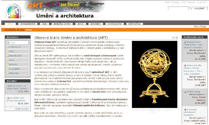 Úvodní stránka oborové brány Umění a architektura