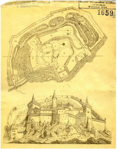 Obr. 3: Ukážka archívneho dokumentu veľkého formátu. Plán hradu Hrušov. Archív PÚ SR, Zbierka projektov a plánov. sign. A 1659.