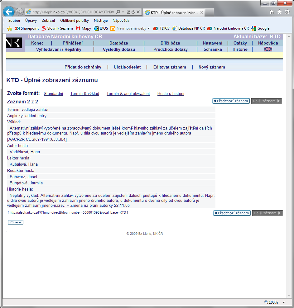 Obr. 7 – Zobrazení Heslo s historií (zdroj: WWW stránky databáze TDKIV)