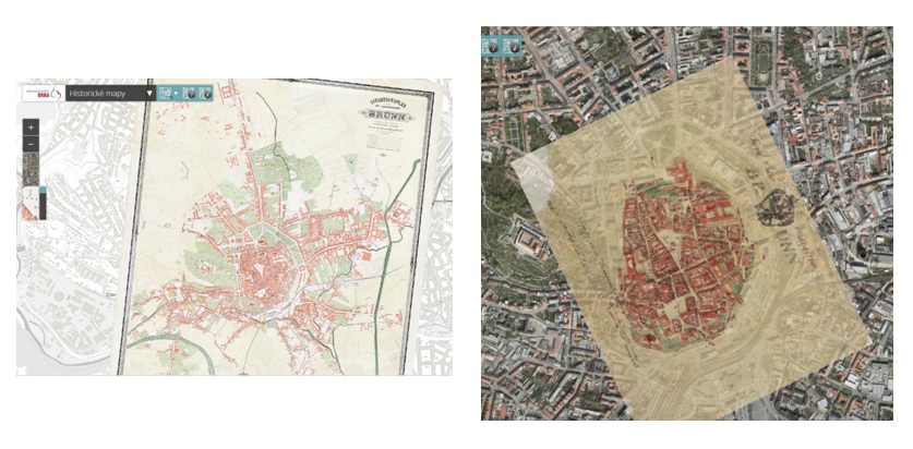 Obr. 7 Vrstva "historické mapy" v geografickém informačním systému čerpajícím data z Internetové encyklopedie dějin Brna