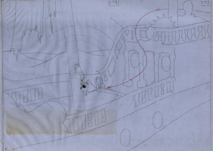 Ukázky z technického scénáře ke kreslené grotesce z roku 1944 Svatba v korálovém moři.